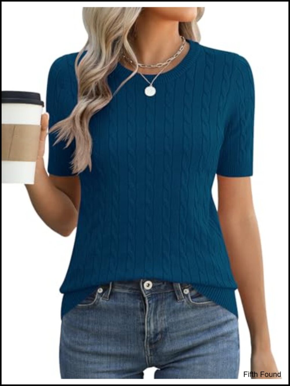 Women's Short Sleeve Cable Knit Crewneck Sweater Top